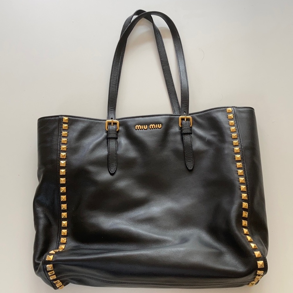 Miu miu black leather studded tote
